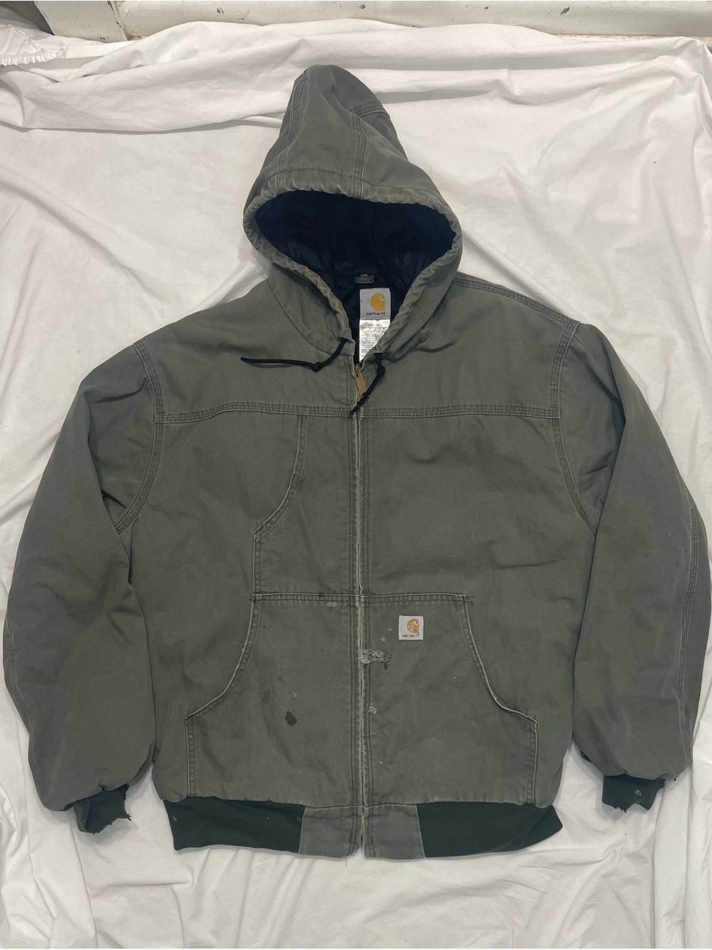 Carhartt Hooded Work Jacket in Olive Quilt Lined Distressed Jacket Full Zip XL